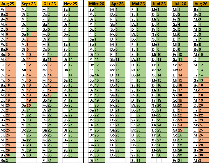 Fr 1 Mo 1 Mi 1 Sa 1 So 1 Mi 1 Fr 1 Mo 1 Mi 1 Sa 1 Sa. 2 Di 2 Do 2 So 2 Mo 2 Do 2 Sa. 2 Di 2 Do 2 So 2 So. 3 Mi 3 Fr 3 Mo 3 Di 3 Fr 3 So. 3 Mi 3 Fr 3 Mo 3 Mo. 4 Do 4 Sa 4 Di 4 Mi 4 Sa 4 Mo. 4 Do 4 Sa 4 Di 4 Di. 5 Fr 5 So 5 Mi 5 Do 5 So 5 Di. 5 Fr 5 So 5 Mi 5 Mi. 6 Sa 6 Mo 6 Do 6 Fr 6 Mo 6 Mi. 6 Sa 6 Mo 6 Do 6 Do. 7 So 7 Di 7 Fr 7 Sa 7 Di 7 Do. 7 So 7 Di 7 Fr 7 Fr. 8 Mo 8 Mi 8 Sa 8 So 8 Mi 8 Fr. 8 Mo 8 Mi 8 Sa 8 Sa. 9 Di 9 Do 9 So 9 Mo 9 Do 9 Sa. 9 Di 9 Do 9 So 9 So. 10 Mi 10 Fr 10 Mo 10 Di 10 Fr 10 So. 10 Mi 10 Fr 10 Mo 10 Mo. 11 Do 11 Sa 11 Di 11 Mi 11 Sa 11 Mo. 11 Do 11 Sa 11 Di 11 Di. 12 Fr 12 So 12 Mi 12 Do 12 So 12 Di. 12 Fr 12 So 12 Mi 12 Mi. 13 Sa 13 Mo 13 Do 13 Fr 13 Mo 13 Mi. 13 Sa 13 Mo 13 Do 13 Do. 14 So 14 Di 14 Fr 14 Sa 14 Di 14 Do. 14 So 14 Di 14 Fr 14 Fr. 15 Mo 15 Mi 15 Sa 15 So 15 Mi 15 Fr. 15 Mo 15 Mi 15 Sa 15 Sa. 16 Di 16 Do 16 So 16 Mo 16 Do 16 Sa. 16 Di 16 Do 16 So 16 So. 17 Mi 17 Fr 17 Mo 17 Di 17 Fr 17 So. 17 Mi 17 Fr 17 Mo 17 Mo. 18 Do 18 Sa 18 Di 18 Mi 18 Sa 18 Mo. 18 Do 18 Sa 18 Di 18 Di. 19 Fr 19 So 19 Mi 19 Do 19 So 19 Di. 19 Fr 19 So 19 Mi 19 Mi. 20 Sa 20 Mo 20 Do 20 Fr 20 Mo 20 Mi. 20 Sa 20 Mo 20 Do 20 Do. 21 So 21 Di 21 Fr 21 Sa 21 Di 21 Do. 21 So 21 Di 21 Fr 21 Fr. 22 Mo 22 Mi 22 Sa 22 So 22 Mi 22 Fr. 22 Mo 22 Mi 22 Sa 22 Sa. 23 Di 23 Do 23 So 23 Mo 23 Do 23 Sa. 23 Di 23 Do 23 So 23 So. 24 Mi 24 Fr 24 Mo 24 Di 24 Fr 24 So. 24 Mi 24 Fr 24 Mo 24 Mo. 25 Do 25 Sa 25 Di 25 Mi 25 Sa 25 Mo. 25 Do 25 Sa 25 Di 25 Di. 26 Fr 26 So 26 Mi 26 Do 26 So 26 Di. 26 Fr 26 So 26 Mi 26 Mi. 27 Sa 27 Mo 27 Do 27 Fr 27 Mo 27 Mi. 27 Sa 27 Mo 27 Do 27 Do. 28 So 28 Di 28 Fr 28 Sa 28 Di 28 Do. 28 So 28 Di 28 Fr 28 Fr. 29 Mo 29 Mi 29 Sa 29 So 29 Mi 29 Fr. 29 Mo 29 Mi 29 Sa 29 Sa. 30 Di 30 Do 30 So 30 Mo 30 Do 30 Sa. 30 Di 30 Do 30 So 30 So. 31 Fr. 31 Di 31 Sa 31 Fr. 31 Mo 31 Aug 25 Sept 25 Okt 25 Nov 25 Aug 26 März 26 Apr 25 Mai 26 Juni 26 Juli 26