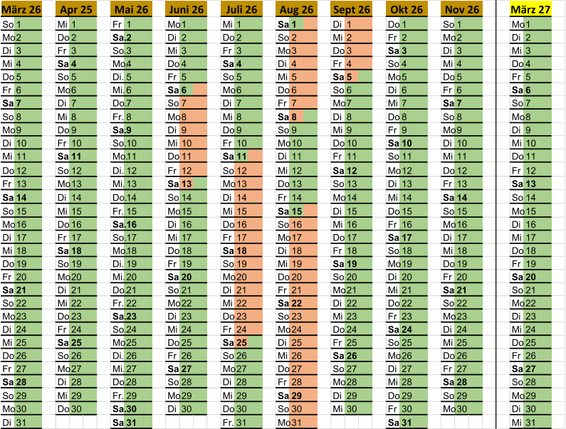 So 1 Mi 1 Fr 1 Mo 1 Mi 1 Sa 1 Di 1 Do 1 So 1 Mo 1 Mo 2 Do 2 Sa. 2 Di 2 Do 2 So 2 Mi 2 Fr 2 Mo 2 Di 2 Di 3 Fr 3 So. 3 Mi 3 Fr 3 Mo 3 Do 3 Sa 3 Di 3 Mi 3 Mi 4 Sa 4 Mo. 4 Do 4 Sa 4 Di 4 Fr 4 So 4 Mi 4 Do 4 Do 5 So 5 Di. 5 Fr 5 So 5 Mi 5 Sa 5 Mo 5 Do 5 Fr 5 Fr 6 Mo 6 Mi. 6 Sa 6 Mo 6 Do 6 So 6 Di 6 Fr 6 Sa 6 Sa 7 Di 7 Do. 7 So 7 Di 7 Fr 7 Mo 7 Mi 7 Sa 7 So 7 So 8 Mi 8 Fr. 8 Mo 8 Mi 8 Sa 8 Di 8 Do 8 So 8 Mo 8 Mo 9 Do 9 Sa. 9 Di 9 Do 9 So 9 Mi 9 Fr 9 Mo 9 Di 9 Di 10 Fr 10 So. 10 Mi 10 Fr 10 Mo 10 Do 10 Sa 10 Di 10 Mi 10 Mi 11 Sa 11 Mo. 11 Do 11 Sa 11 Di 11 Fr 11 So 11 Mi 11 Do 11 Do 12 So 12 Di. 12 Fr 12 So 12 Mi 12 Sa 12 Mo 12 Do 12 Fr 12 Fr 13 Mo 13 Mi. 13 Sa 13 Mo 13 Do 13 So 13 Di 13 Fr 13 Sa 13 Sa 14 Di 14 Do. 14 So 14 Di 14 Fr 14 Mo 14 Mi 14 Sa 14 So 14 So 15 Mi 15 Fr. 15 Mo 15 Mi 15 Sa 15 Di 15 Do 15 So 15 Mo 15 Mo 16 Do 16 Sa. 16 Di 16 Do 16 So 16 Mi 16 Fr 16 Mo 16 Di 16 Di 17 Fr 17 So. 17 Mi 17 Fr 17 Mo 17 Do 17 Sa 17 Di 17 Mi 17 Mi 18 Sa 18 Mo. 18 Do 18 Sa 18 Di 18 Fr 18 So 18 Mi 18 Do 18 Do 19 So 19 Di. 19 Fr 19 So 19 Mi 19 Sa 19 Mo 19 Do 19 Fr 19 Fr 20 Mo 20 Mi. 20 Sa 20 Mo 20 Do 20 So 20 Di 20 Fr 20 Sa 20 Sa 21 Di 21 Do. 21 So 21 Di 21 Fr 21 Mo 21 Mi 21 Sa 21 So 21 So 22 Mi 22 Fr. 22 Mo 22 Mi 22 Sa 22 Di 22 Do 22 So 22 Mo 22 Mo 23 Do 23 Sa. 23 Di 23 Do 23 So 23 Mi 23 Fr 23 Mo 23 Di 23 Di 24 Fr 24 So. 24 Mi 24 Fr 24 Mo 24 Do 24 Sa 24 Di 24 Mi 24 Mi 25 Sa 25 Mo. 25 Do 25 Sa 25 Di 25 Fr 25 So 25 Mi 25 Do 25 Do 26 So 26 Di. 26 Fr 26 So 26 Mi 26 Sa 26 Mo 26 Do 26 Fr 26 Fr 27 Mo 27 Mi. 27 Sa 27 Mo 27 Do 27 So 27 Di 27 Fr 27 Sa 27 Sa 28 Di 28 Do. 28 So 28 Di 28 Fr 28 Mo 28 Mi 28 Sa 28 So 28 So 29 Mi 29 Fr. 29 Mo 29 Mi 29 Sa 29 Di 29 Do 29 So 29 Mo 29 Mo 30 Do 30 Sa. 30 Di 30 Do 30 So 30 Mi 30 Fr 30 Mo 30 Di 30 Di 31 Sa 31 Fr. 31 Mo 31 Sa 31 Mi 31 Aug 26 März 26 Apr 25 Mai 26 Juni 26 Juli 26 Sept 26 Okt 26 Nov 26 März 27